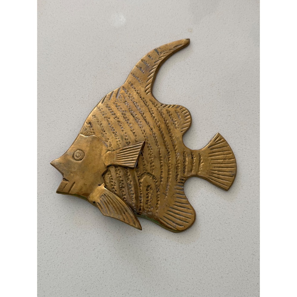 Vintage Brass Angelfish Wall Hanging Etched Tropical Fish Decor Made in India
